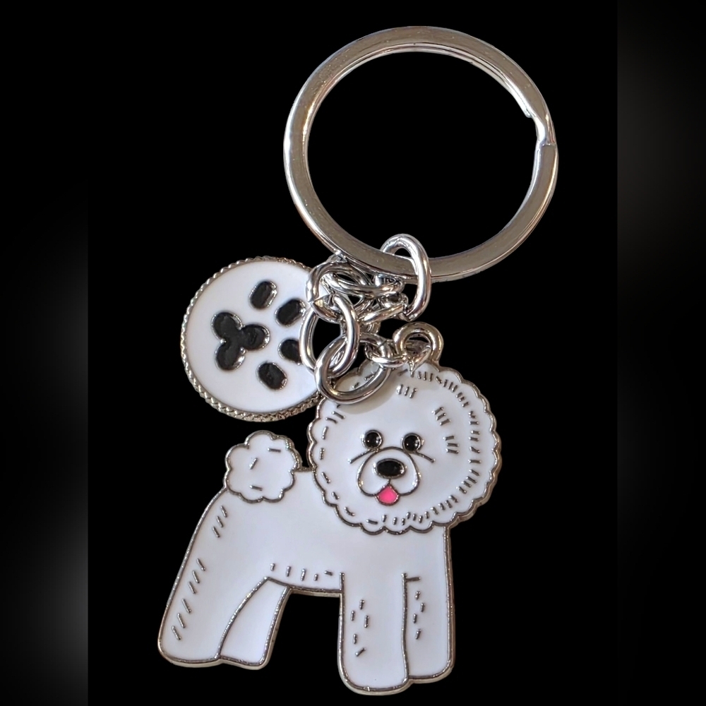 Adorable Bichon Frise White Dog Keychain with Paw Charm
